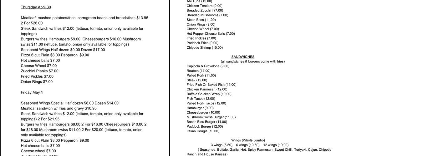 Charred Paddock Menu