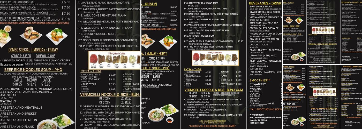 Pho Dien 1960 Menu