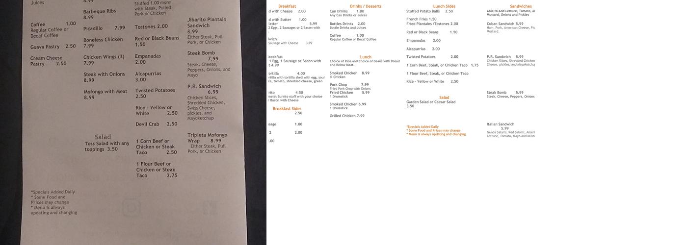 Pollo Rico Restaurante Menu