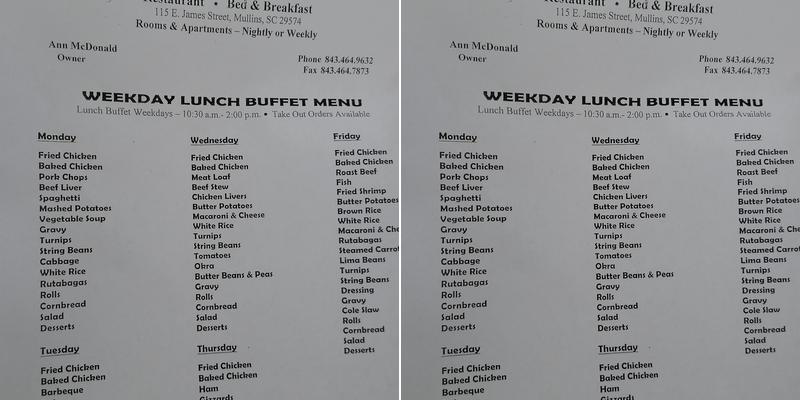 Websters Manor Menu