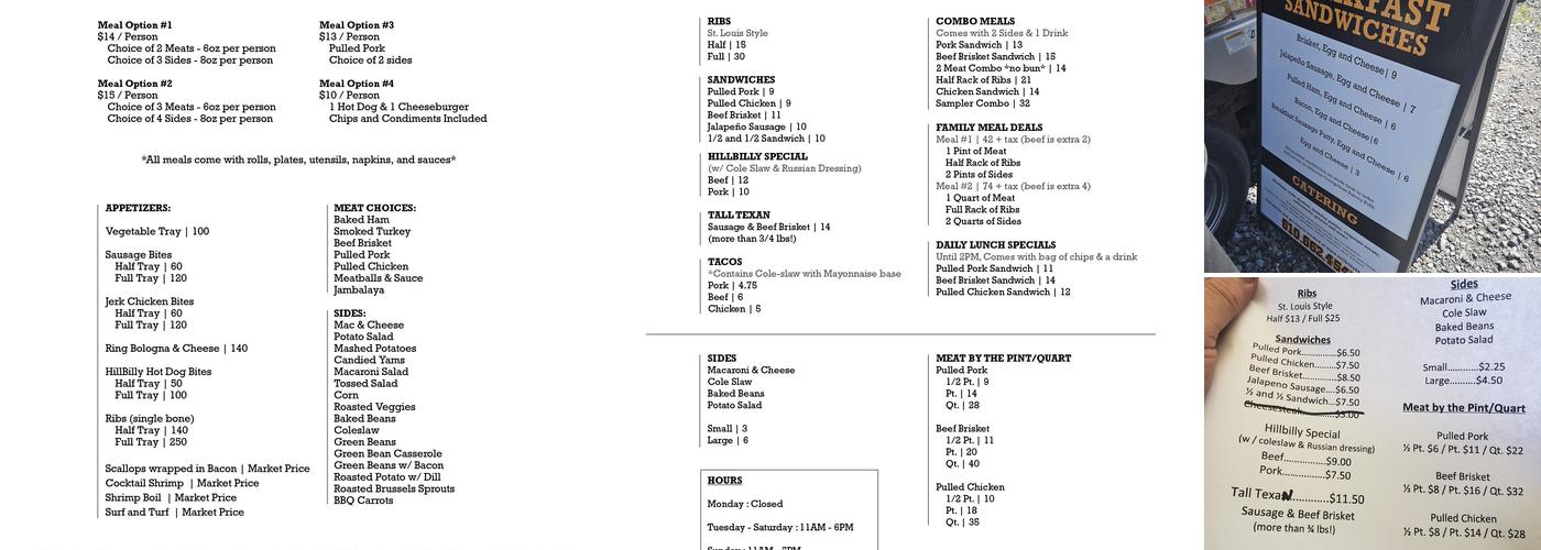 Hillbilly BBQ Menu