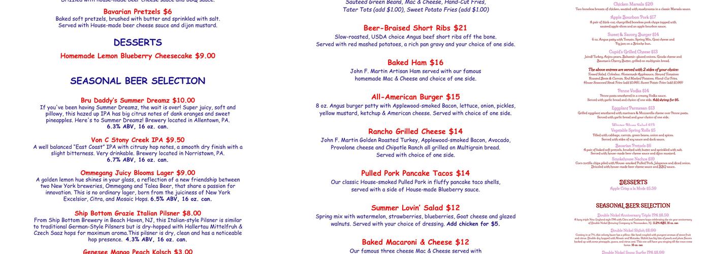 Macoby Run Golf Course Menu