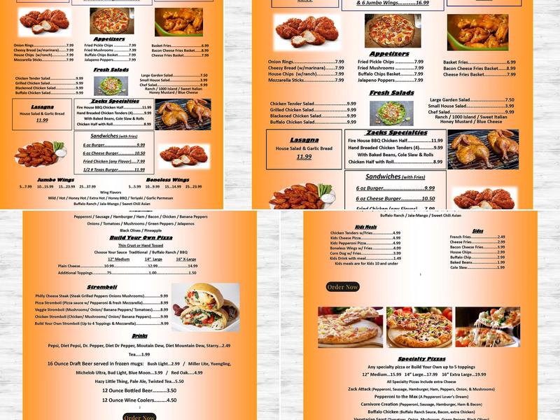 Zacks Pizza and wings Menu