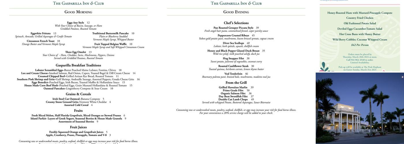 Gasparilla Inn Main Dining Room Menu