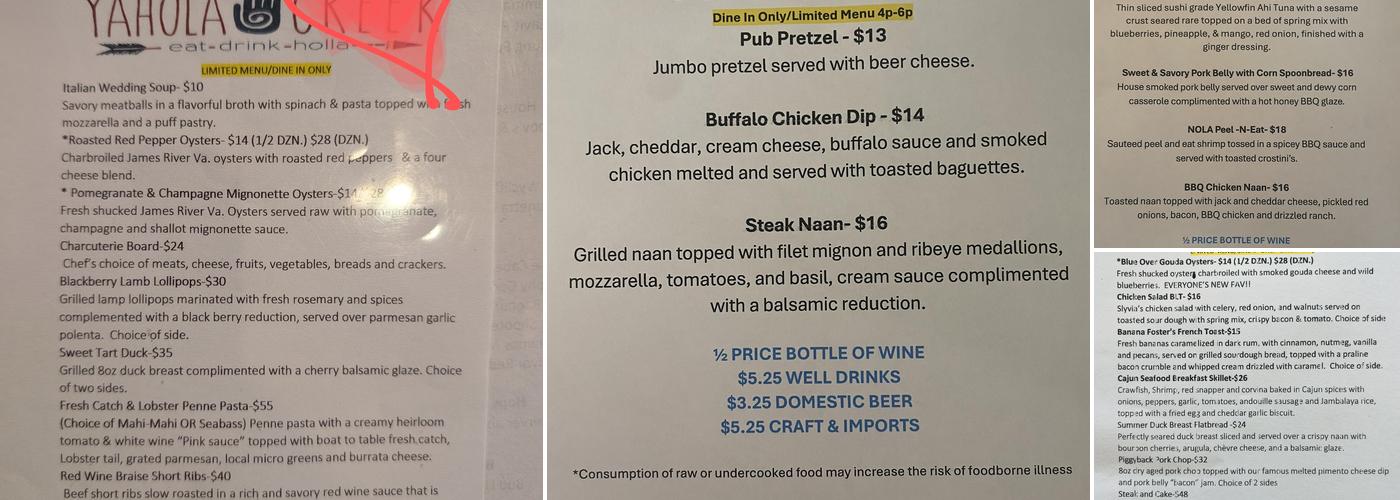 Yahola Creek Restaurant Menu