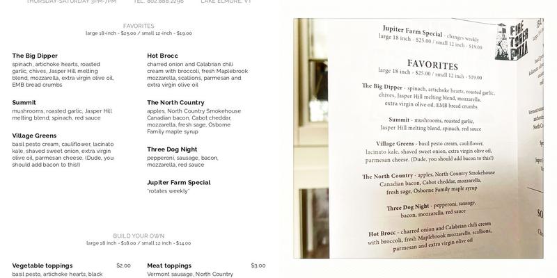 Firetower Pizza Menu