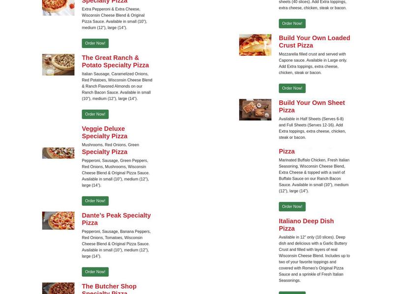 Romeo's Pizza Menu