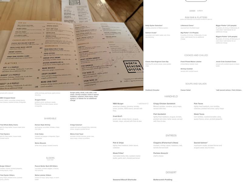 North Beacon Oyster Menu