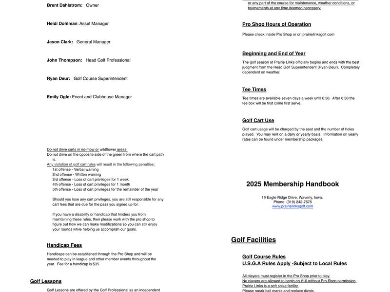 Prairie Links Golf Course & Event Center Menu