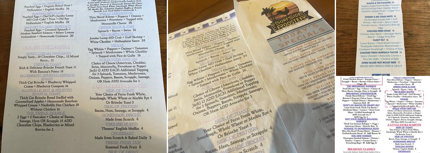 Surfside Rooster Menu