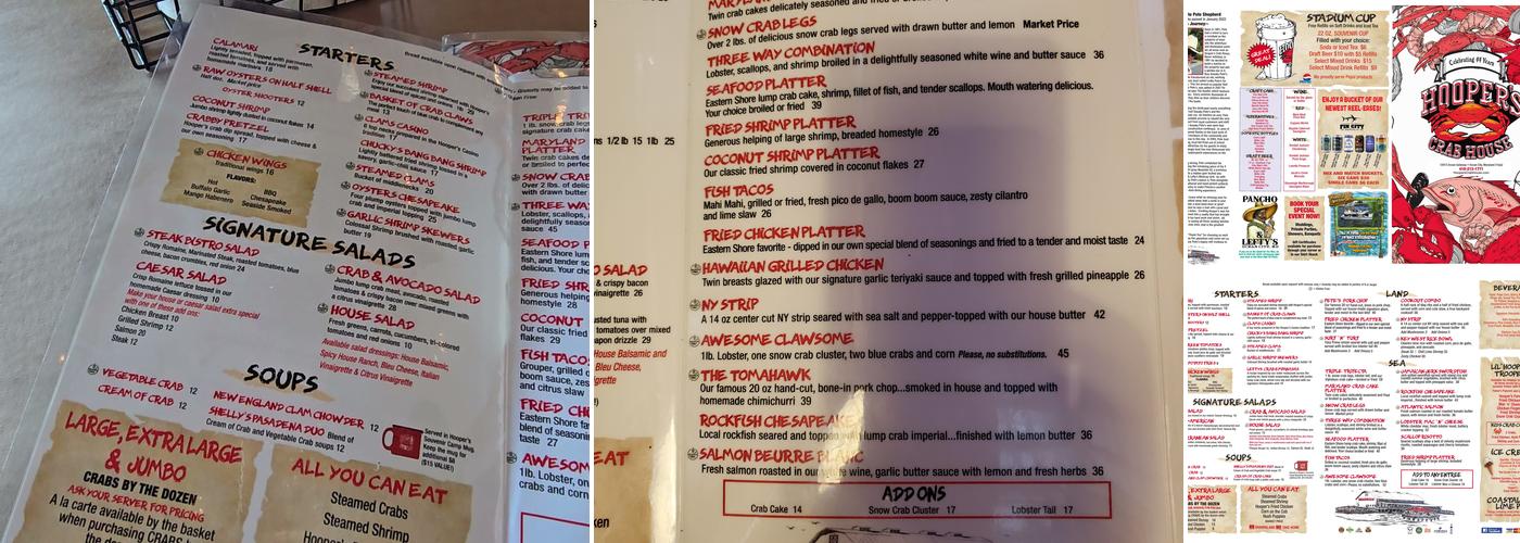 Hooper's Crab House & Sneaky Pete's Menu