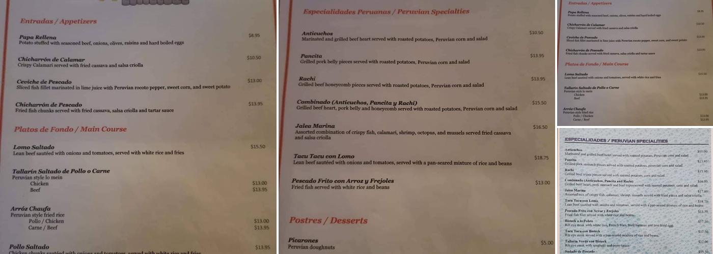 Huanchaco Grill Peruvian Cuisine Menu