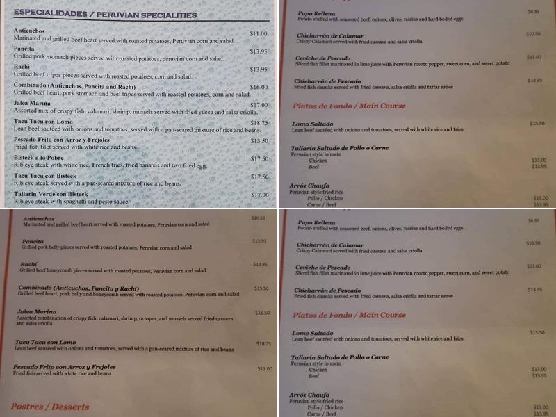Huanchaco Grill Peruvian Cuisine Menu