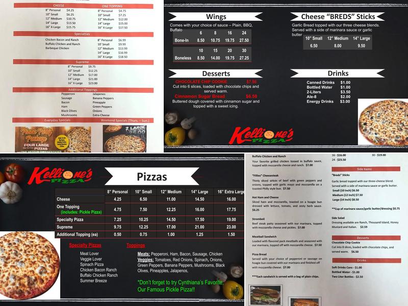 Kelliones Pizza Menu