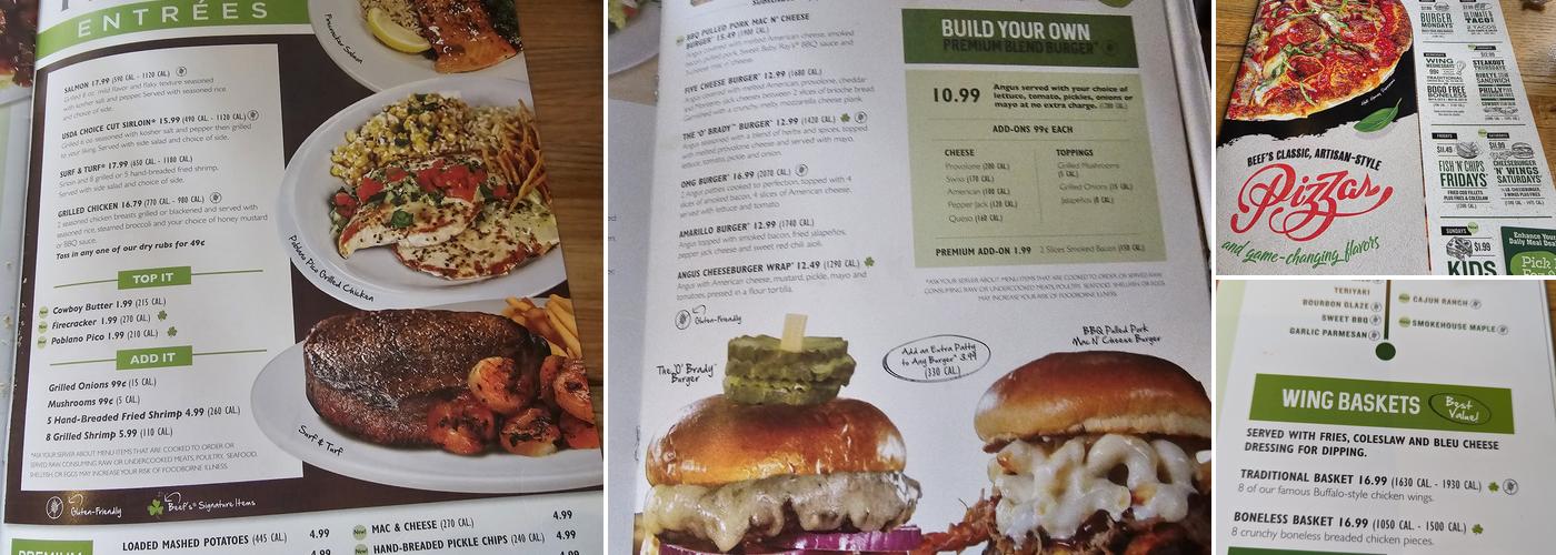 Beef 'O' Brady's Menu