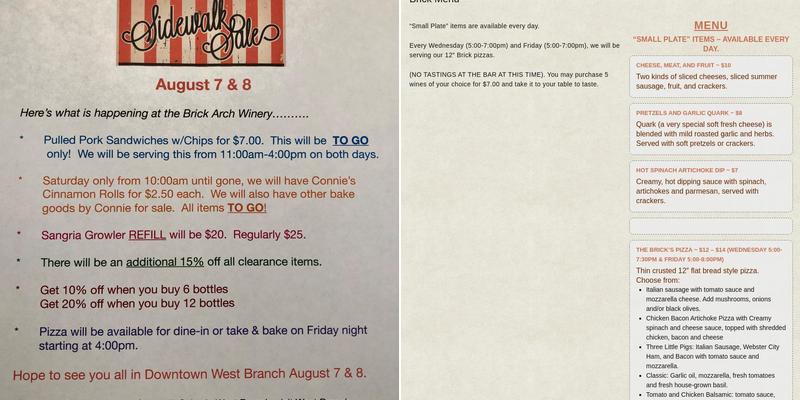 Brick Arch Winery Menu