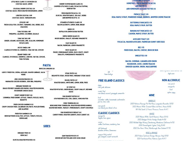 Hideaway Restaurant Menu