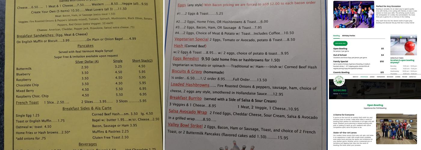 Valley Bowl Menu