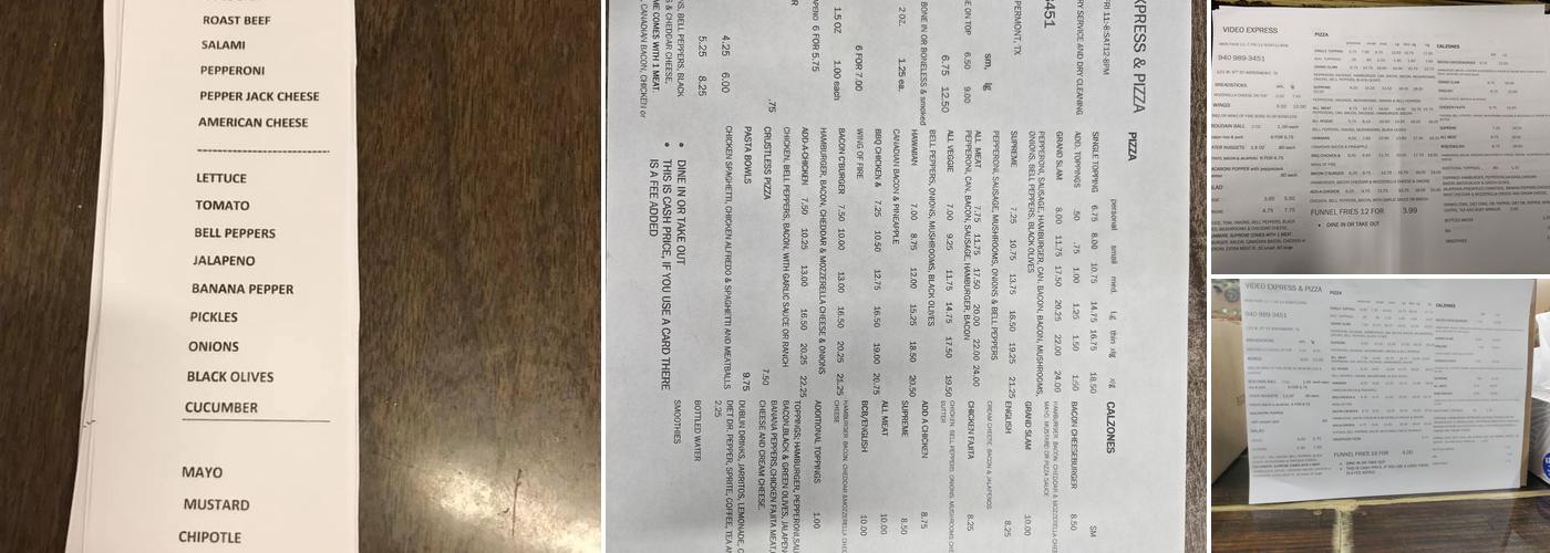 Video Express & pizza Menu