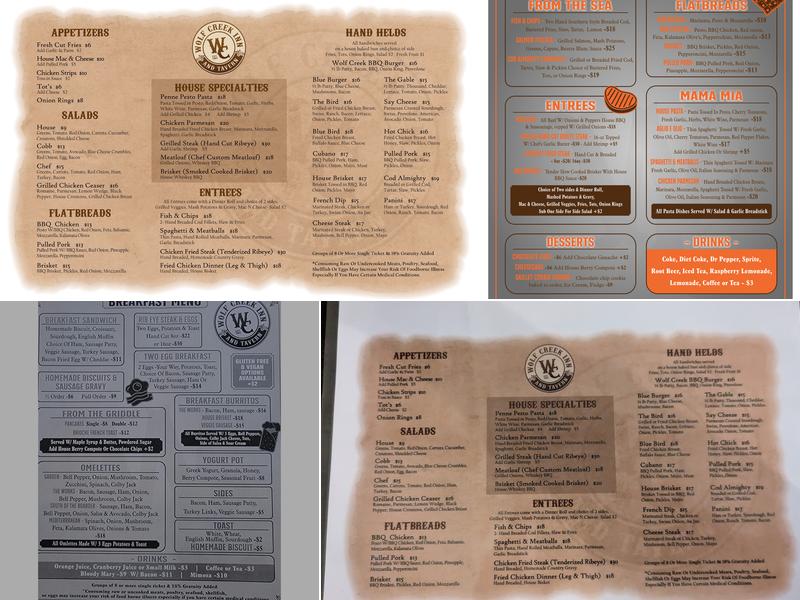 Wolf Creek Inn & Tavern Menu