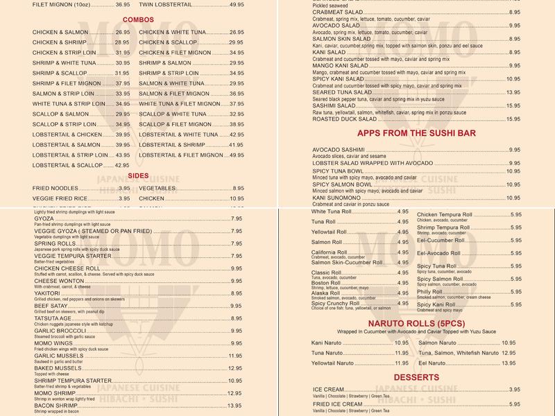 Momo Hibachi Steak House & Bar Menu