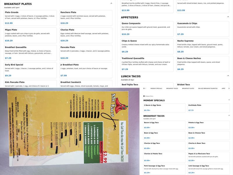 Mr. Taco Jr. Menu