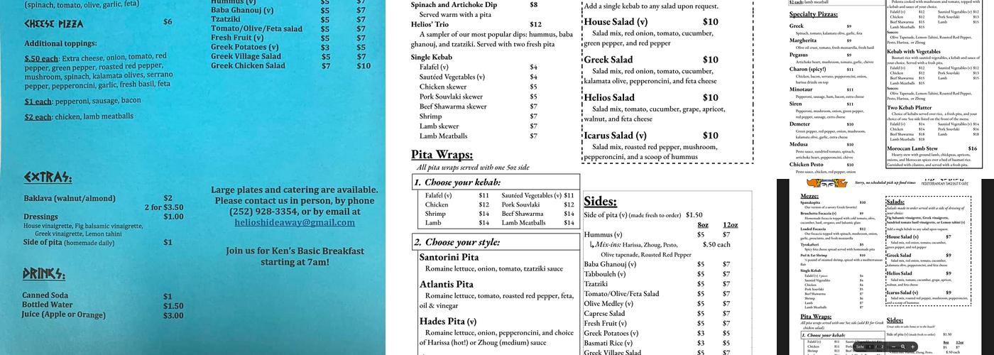 Helios' Hideaway Menu