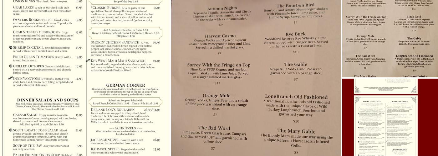 Williams's Pine Gables Supper Club Menu