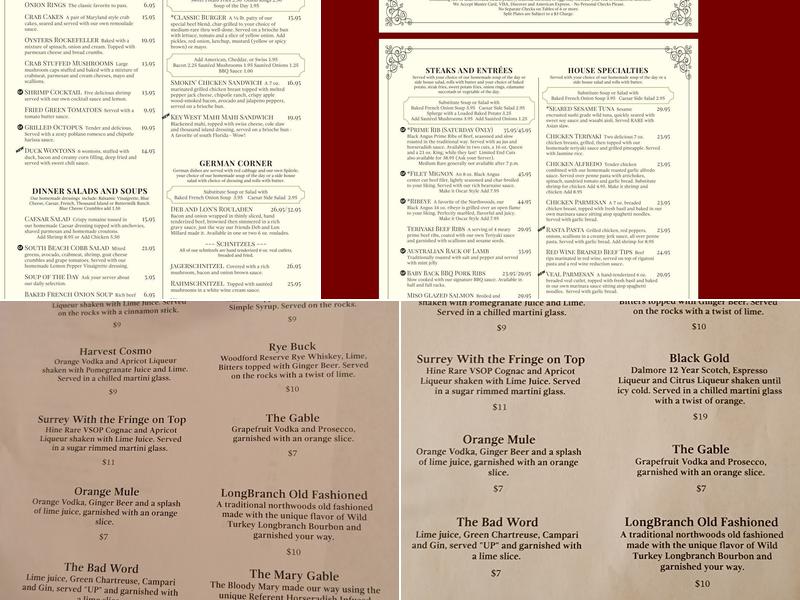 Williams's Pine Gables Supper Club Menu