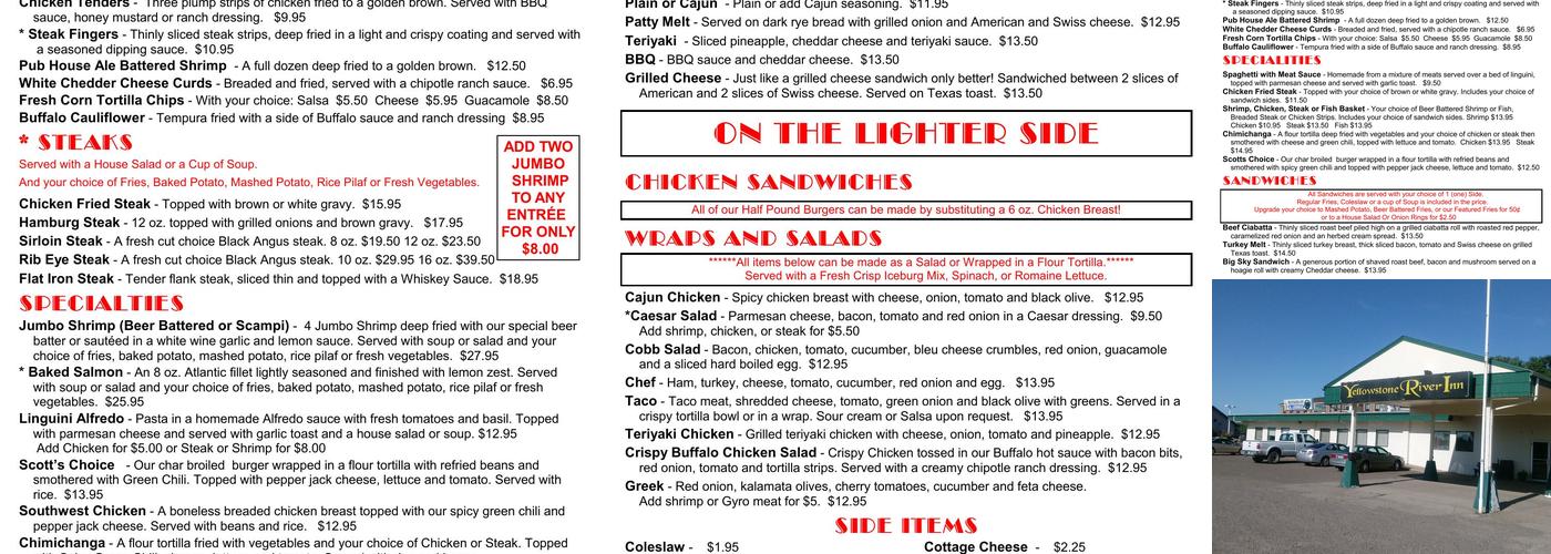 Yellowstone River Inn Menu