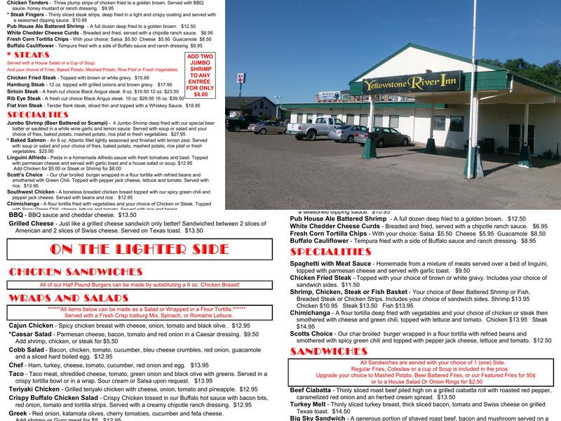 Yellowstone River Inn Menu