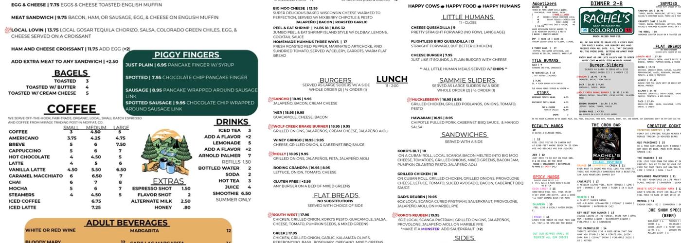 Rachel’s Keep On Keepin On and Crow Bar Menu