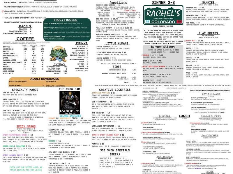 Rachel’s Keep On Keepin On and Crow Bar Menu