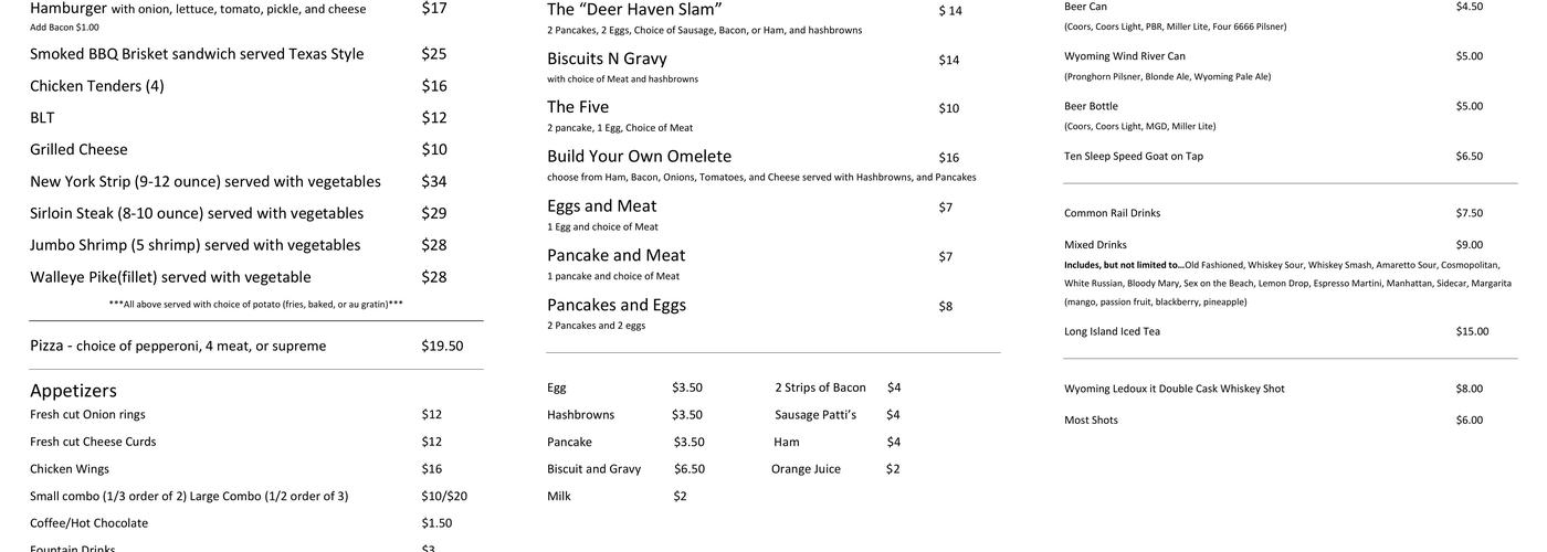 Deer Haven Lodge Menu