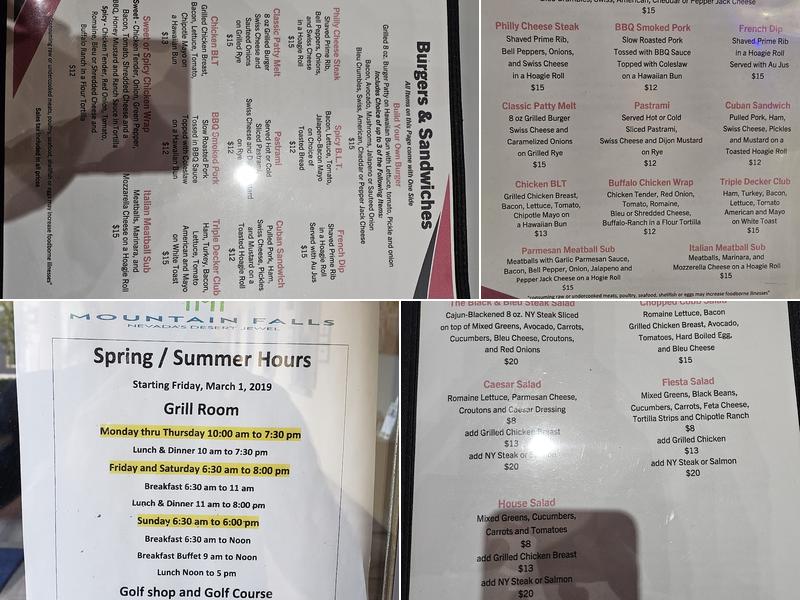 Mountain Falls Grill Room Menu