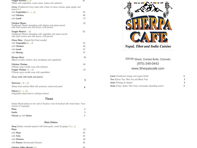 Sherpa Cafe Menu
