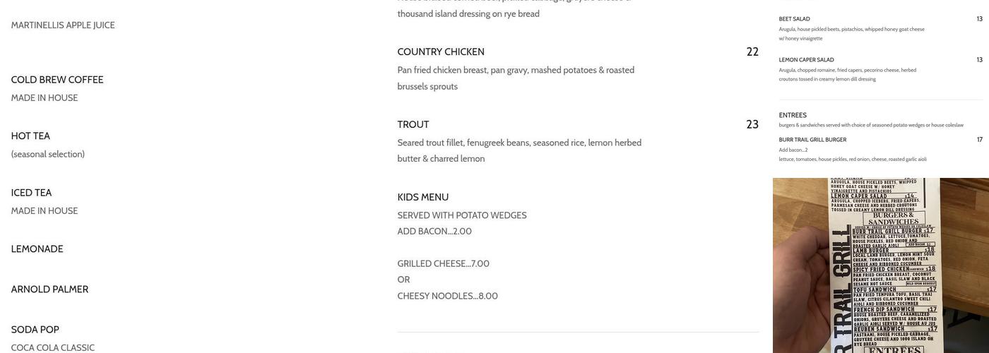 Burr Trail Grill Menu