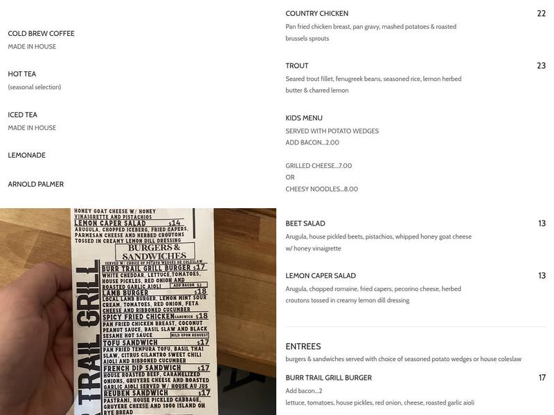 Burr Trail Grill Menu