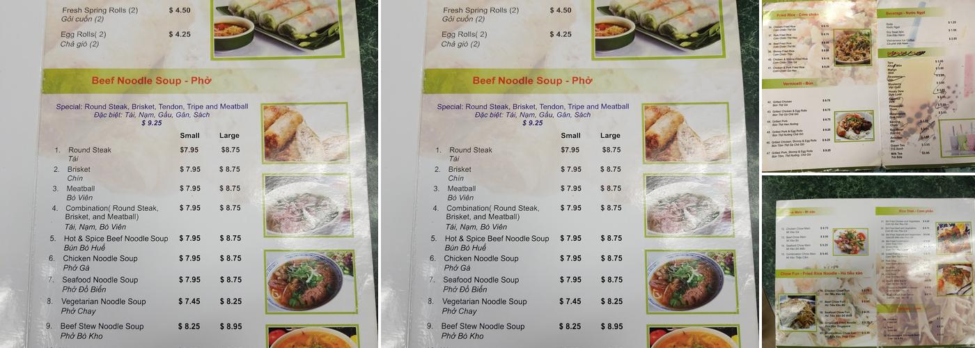 Pho Ly Menu