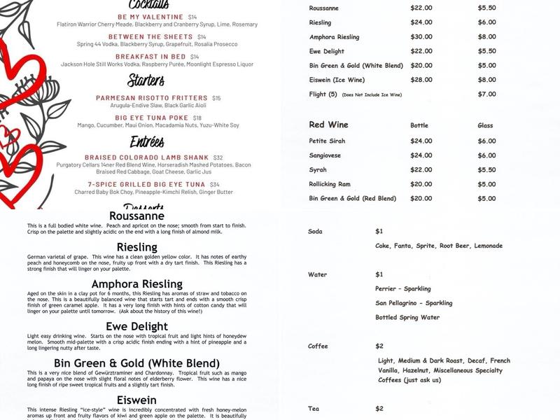 Purgatory Cellars Winery Menu