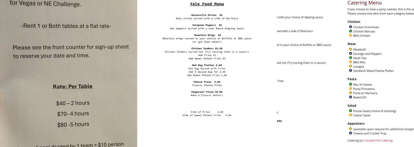Yale Billiards Menu