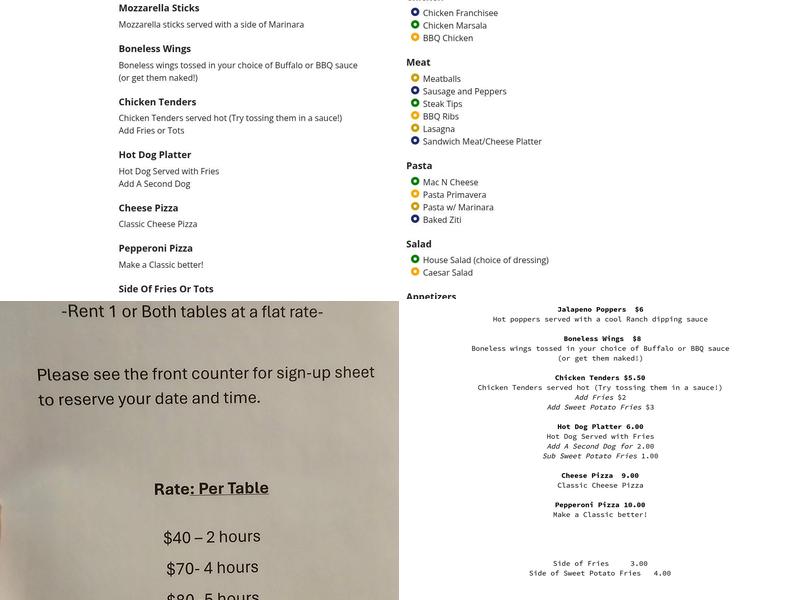 Yale Billiards Menu