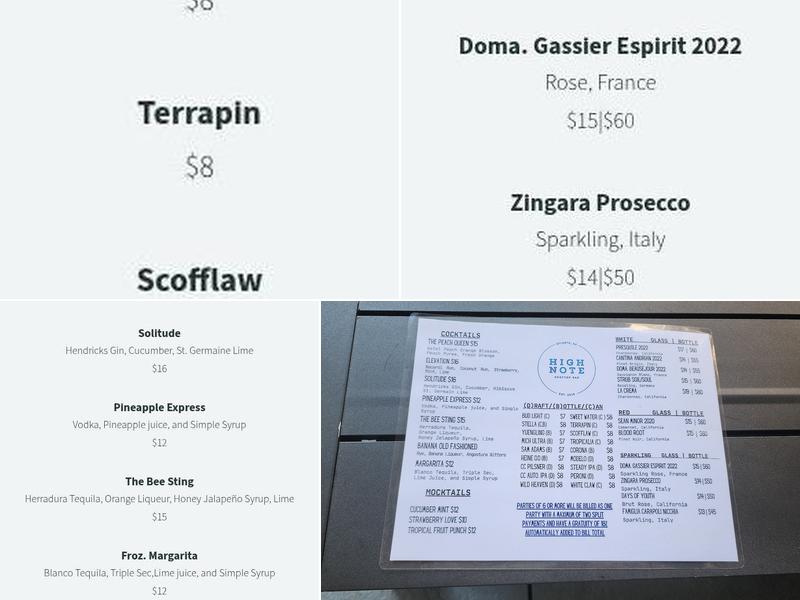 High Note Rooftop Bar Menu