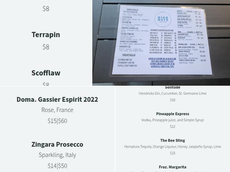 High Note Rooftop Bar Menu
