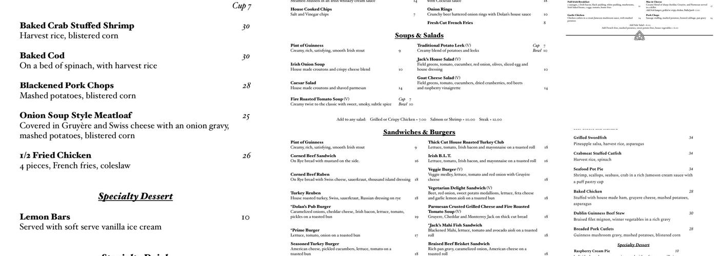 Jack Dolan’s Irish Pub Menu