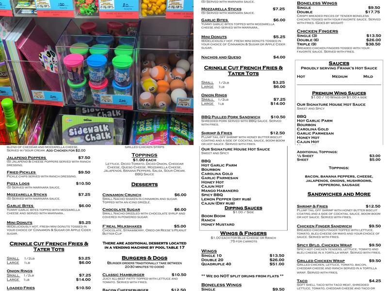 Pocketeer Billiards Menu