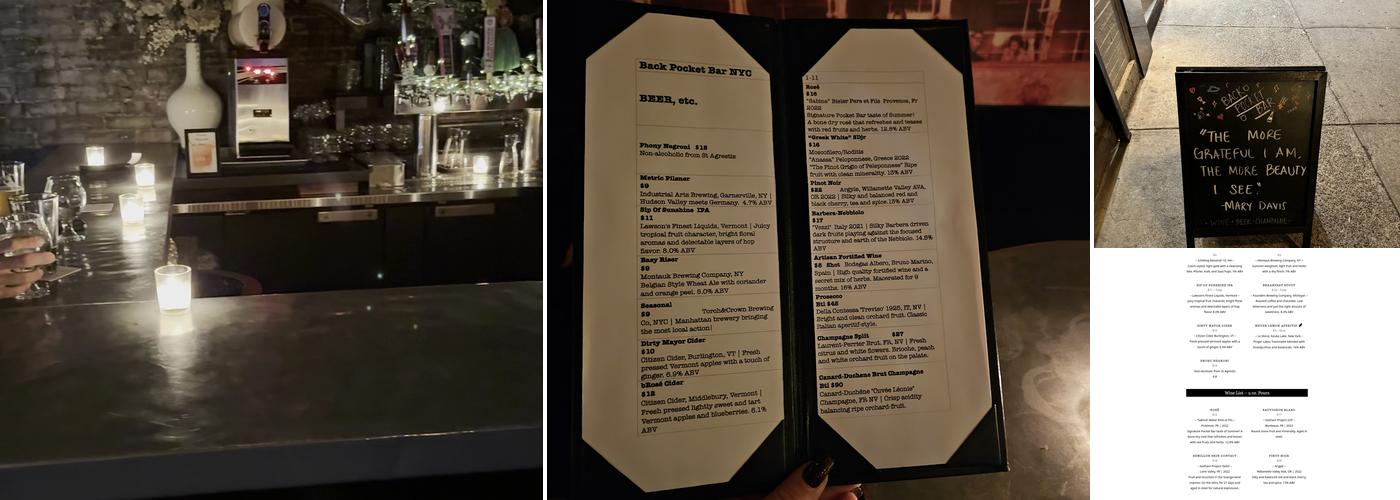 Back pocket bar Menu