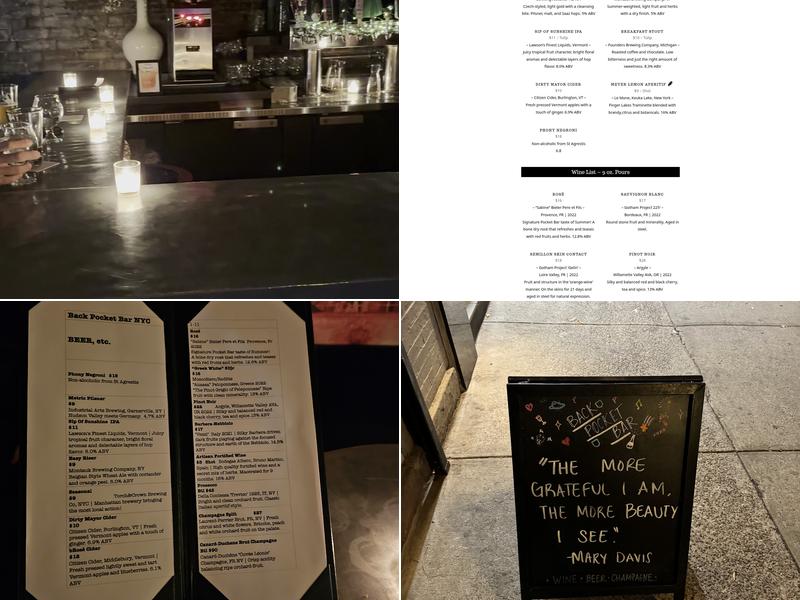 Back pocket bar Menu