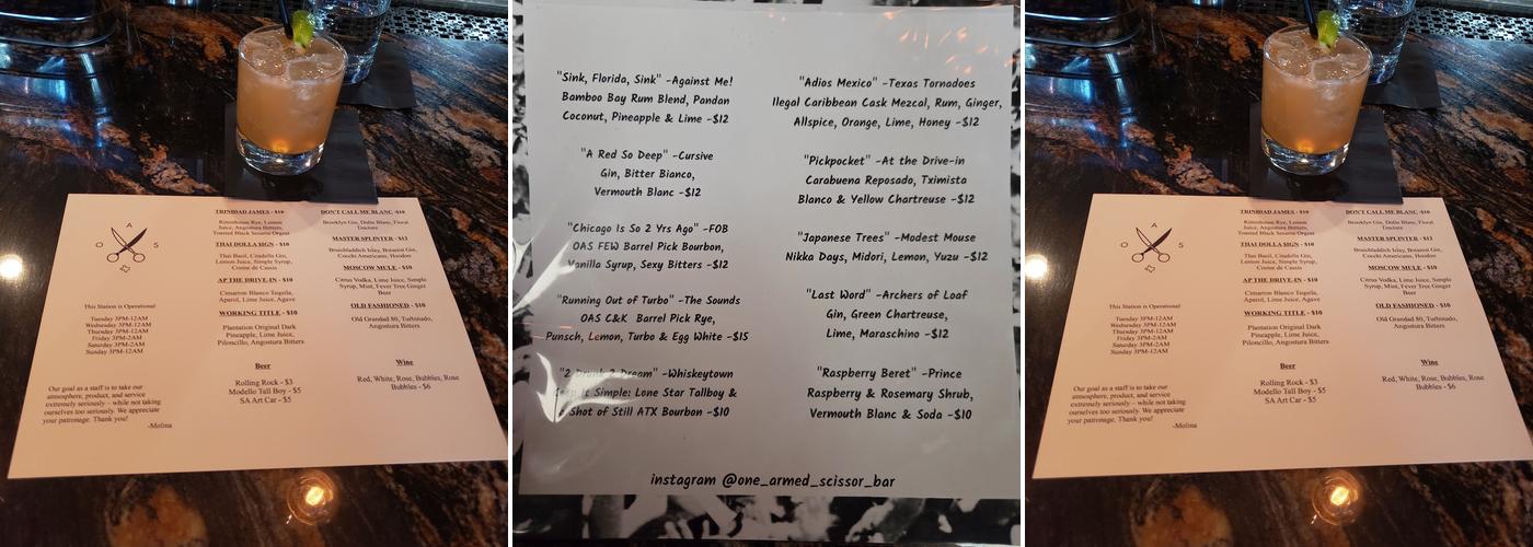 One Armed Scissor Menu