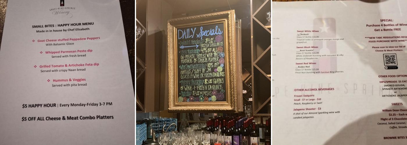 Grape Vine Springs Winery Menu